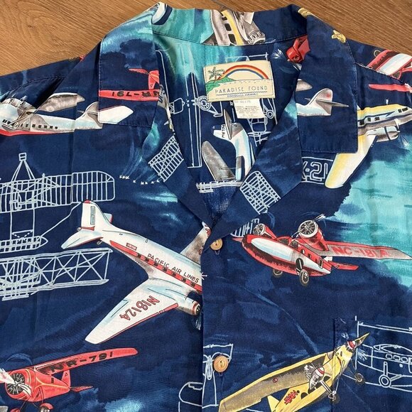 Paradise Found Men's Navy Airplane Print Button-down Short Sleeve Shirt Sz 2XL - Picture 4 of 6